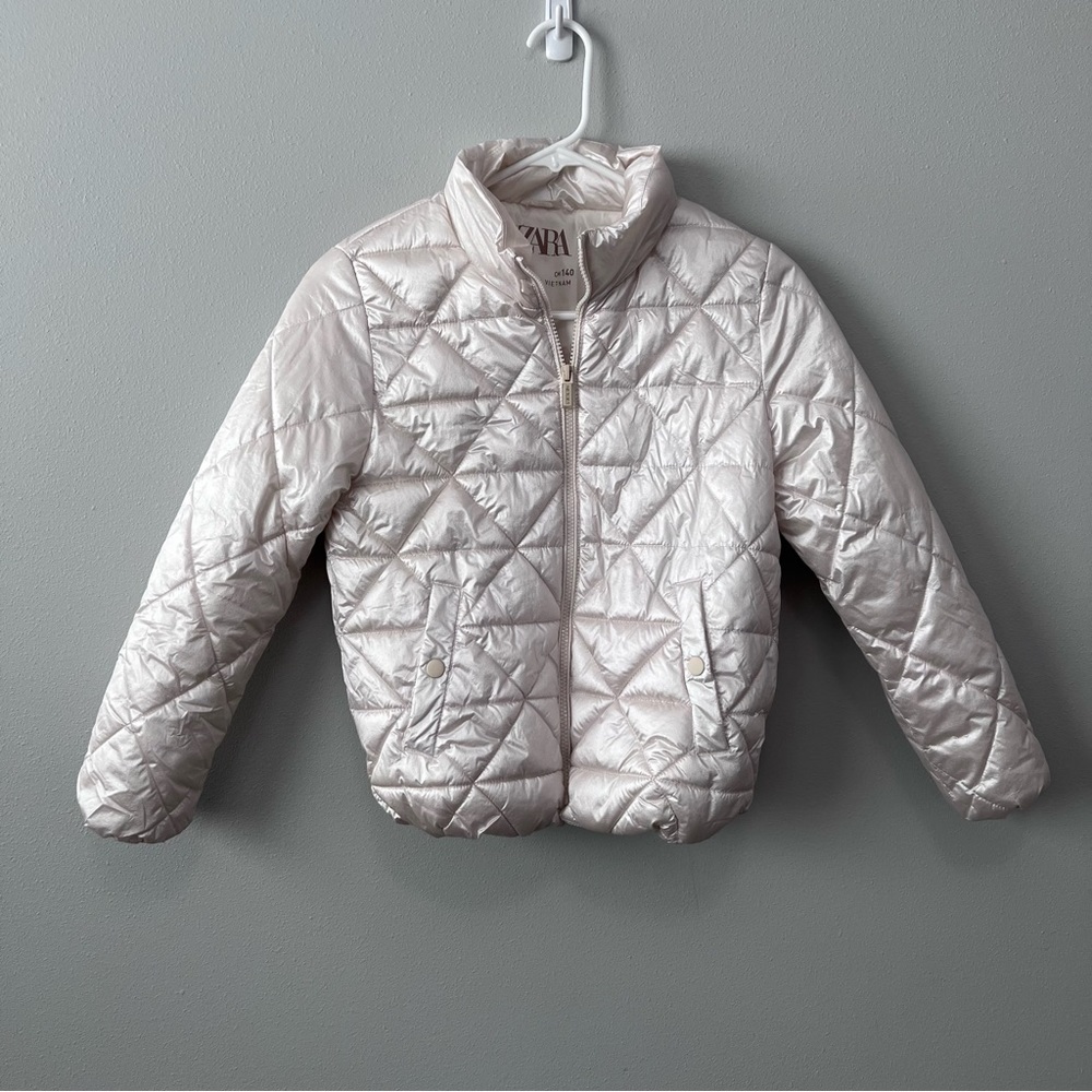 Zara White Metallic Iridescent Puffer Jacket Size 10